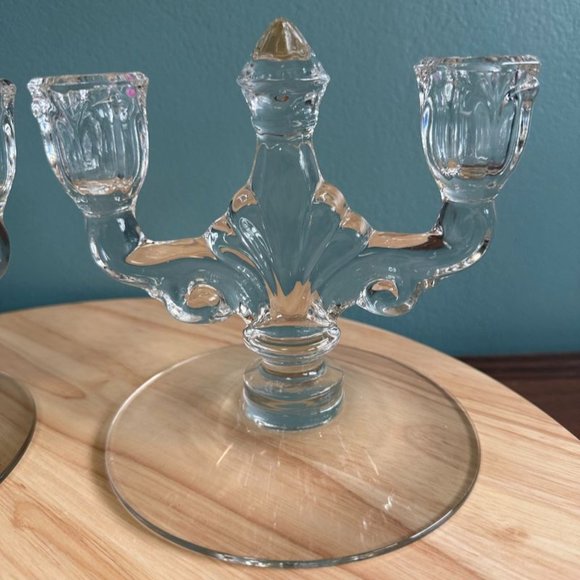 Vintage Pair Heisey Trident Double Candle Holders Crystal Etched Orchid Clear 19 - Picture 3 of 10